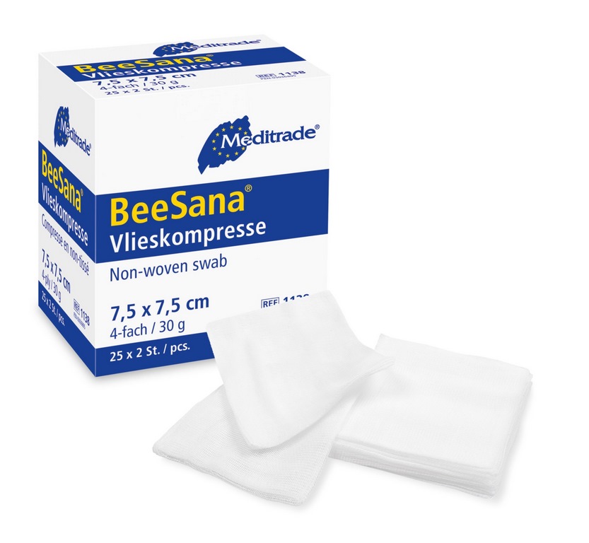 Meditrade® BeeSana® Vliesstoffkompresse | steril | Größe: 7,5 x 7,5 cm | Pack á 25 x 2 Stück