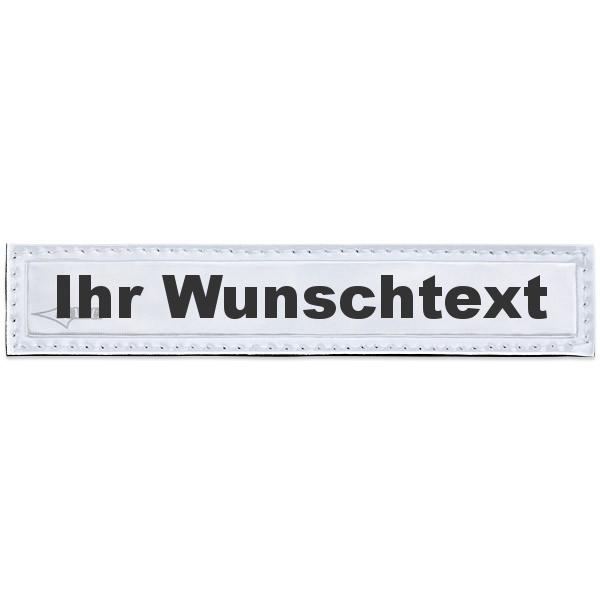 MEIERmed® Reflex-Brustschild mit Klett und Wunschtext | glänzend | Maße: 13 x 2,5 cm | Farbe: Weiß